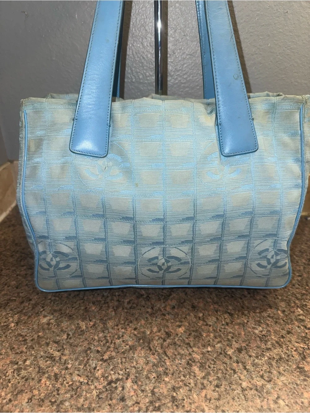 CHANEL rare baby Blue Jacquard travel line Tote Bag EUC